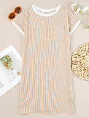 Beige striped t-shirt dress with crew neck, short sleeves, and chest pocket.