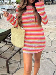 Rose Gold with Striped Long Sleeve Crochet Knit Dress in Rose Gold