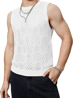 White mesh knit muscle tee with diamond pattern and crew neck.