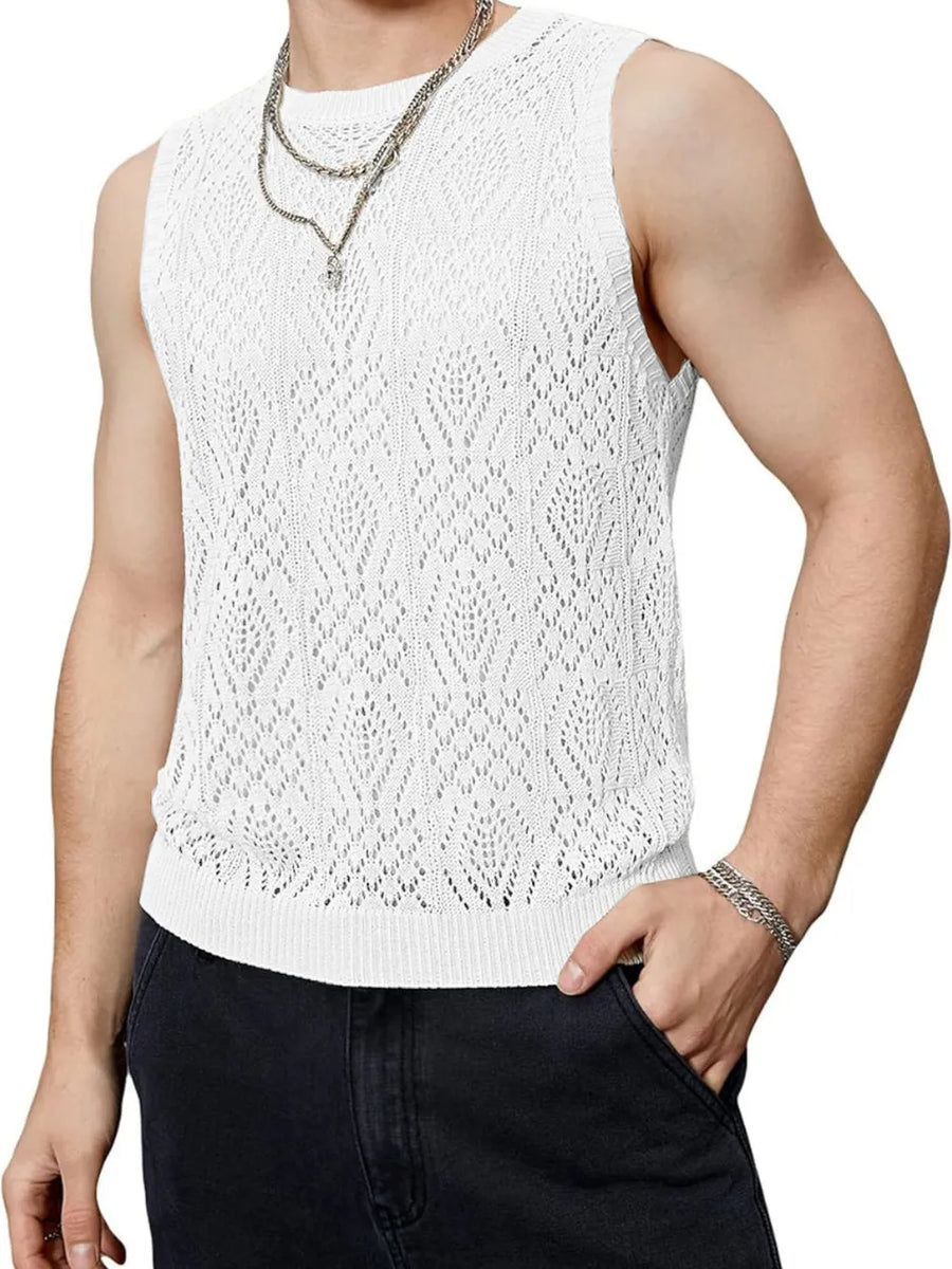 White mesh knit muscle tee with diamond pattern and crew neck.