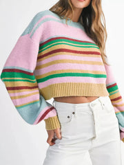 Multicolor striped cropped sweater with ribbed hem and cuffs.