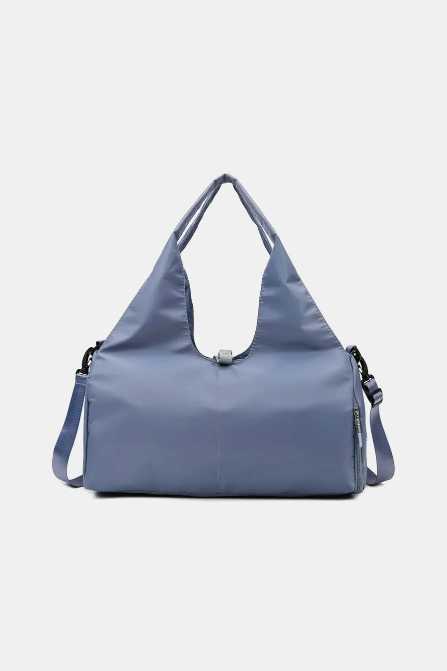 Dusty Blue duffel bag with dual handles and adjustable shoulder strap