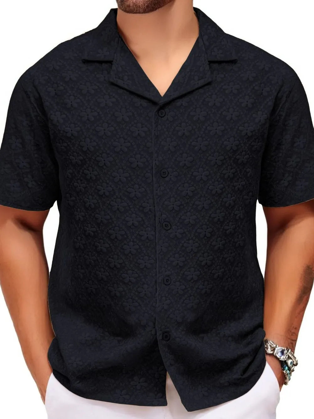 Black embossed floral camp collar short sleeve shirt with button front