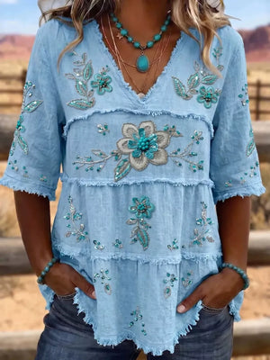 sky blue blouse with floral and v-neck