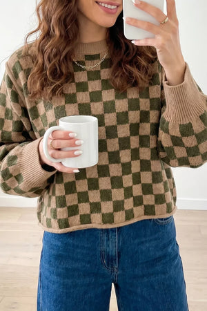 olive green pullover sweater with checkerboard and crew neck