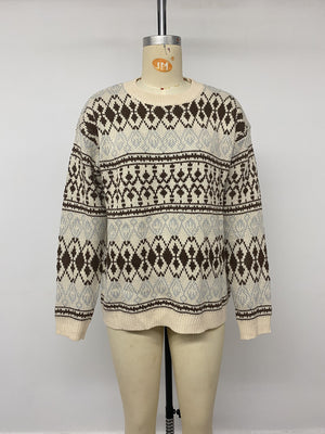 Fair Isle Pattern Crew Neck Sweater in Apricot Color with stretch