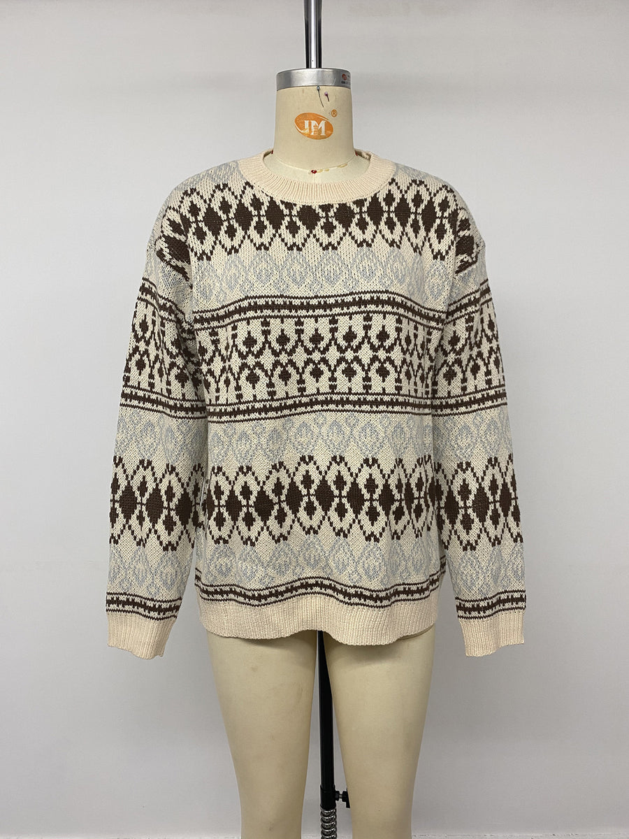 Fair Isle Pattern Crew Neck Sweater in Apricot Color with stretch