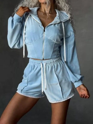 Drawstring Zip-up Hoodie And Shorts Set in Orange with hooded