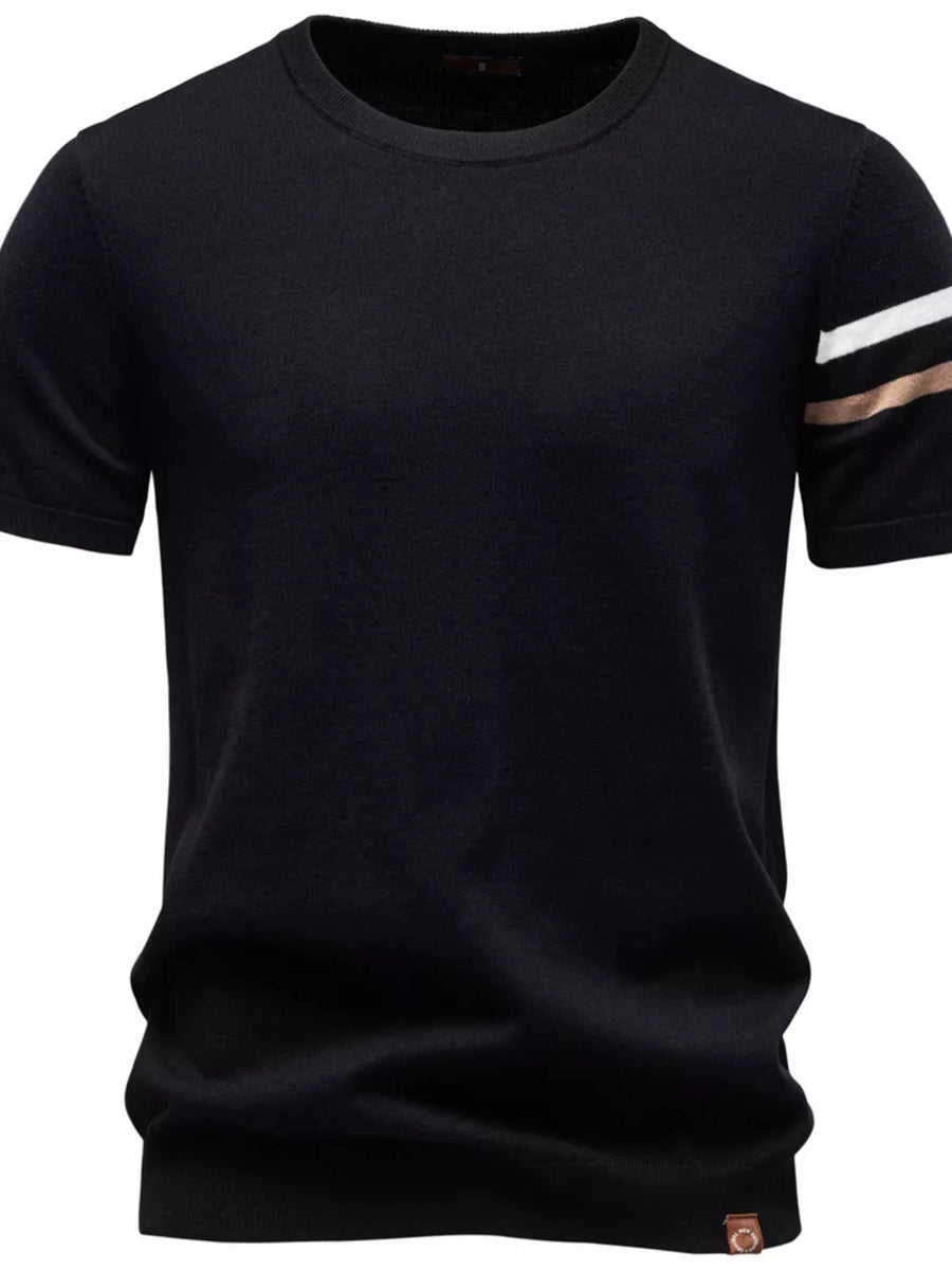 Black cotton t-shirt with striped sleeves, crew neck, short sleeves.