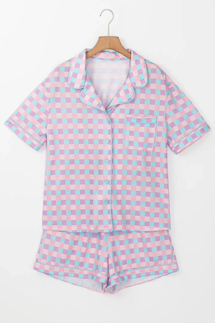 Pastel checkered pajama set with collared short sleeve top and shorts.