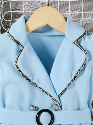 Sky blue toddler dress with double-breasted detail, black trim, and belted waist.