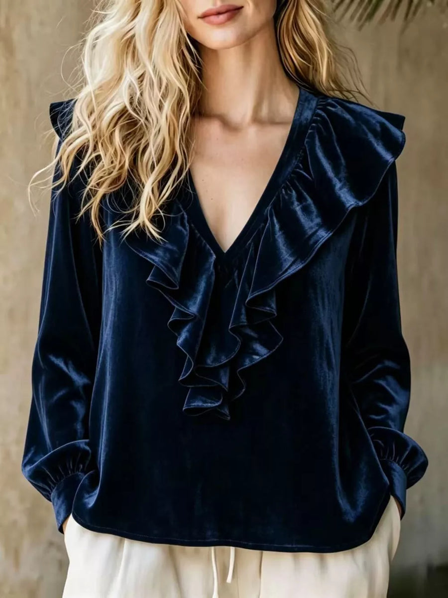 Full Size Ruffled V-neck Long Sleeve Blouse in Navy Blue