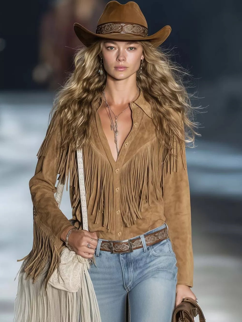 Brown suede bohemian jacket with fringe detail on sleeves and front, buttoned closure.