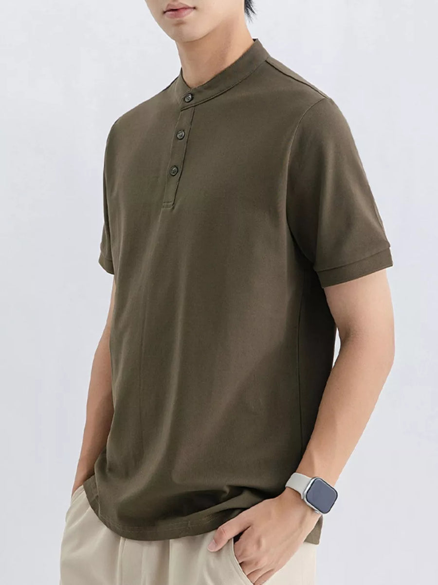 Men's dark green cotton t-shirt with mandarin collar and button placket.