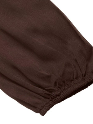 Brown midi dress with puff sleeves and elastic cuff detail