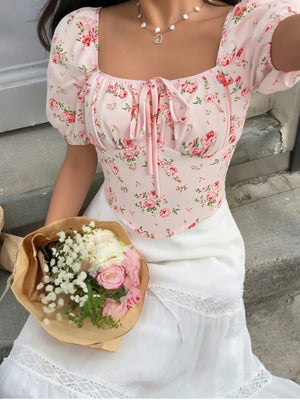 Pink floral tie front puff sleeve blouse with square neckline