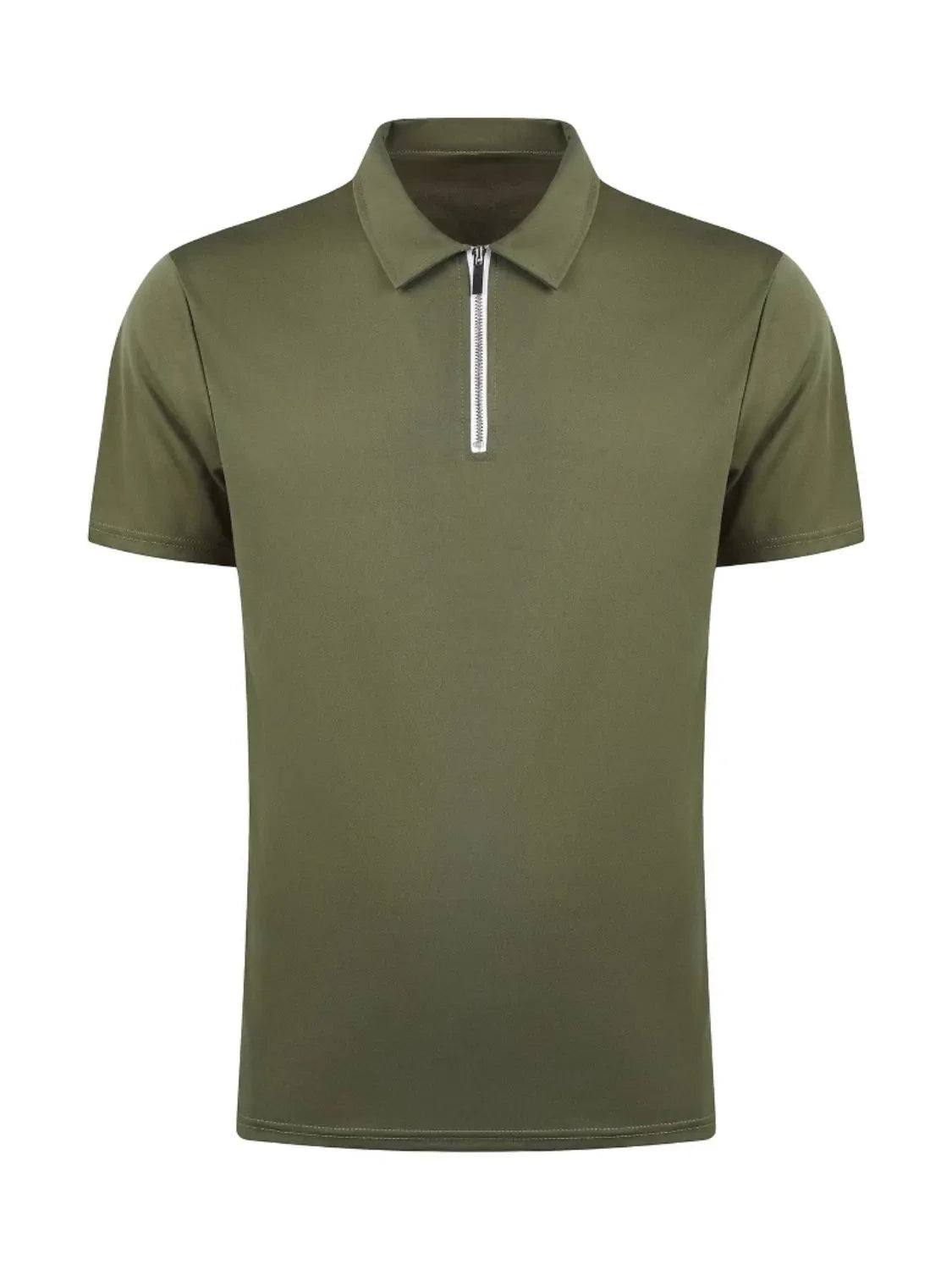 Moss green zip-front polo shirt with short sleeves and a streamlined fit.