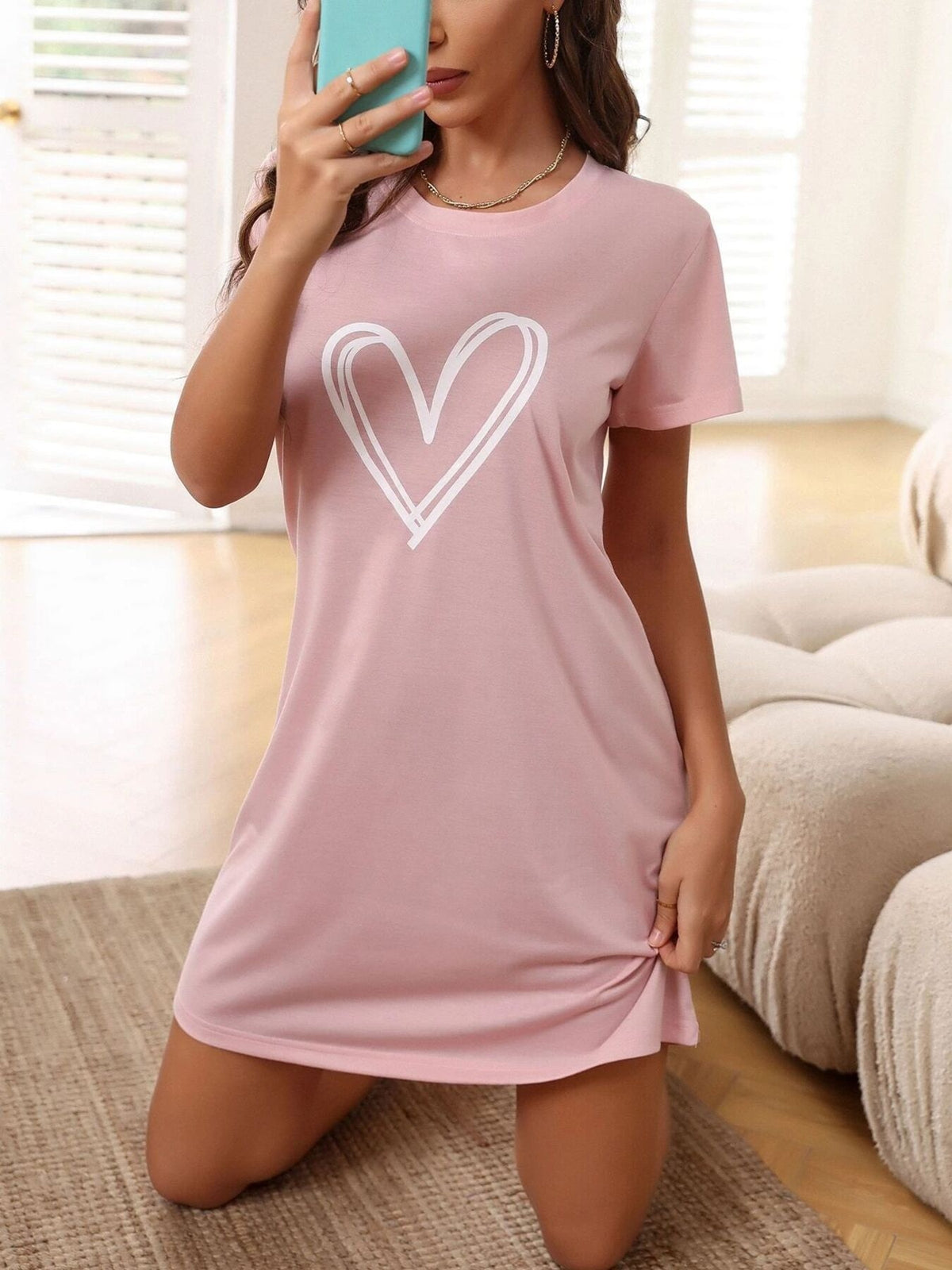 blush pink sleep shirt with heart-print and round neck