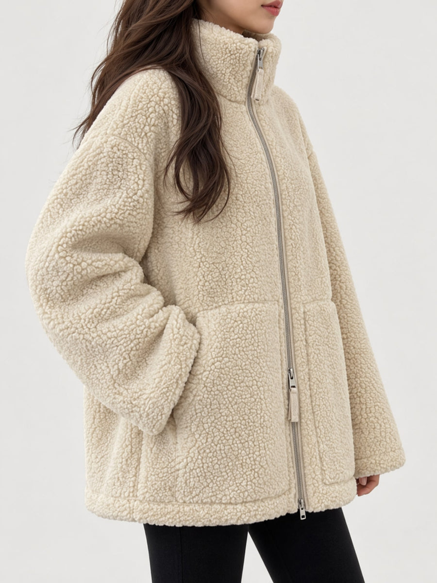 Off White sherpa jacket with hip-length and zip-front