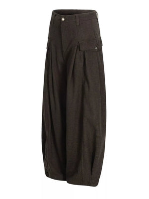 Brown corduroy wide-leg pleated sweatpants with cargo pockets.