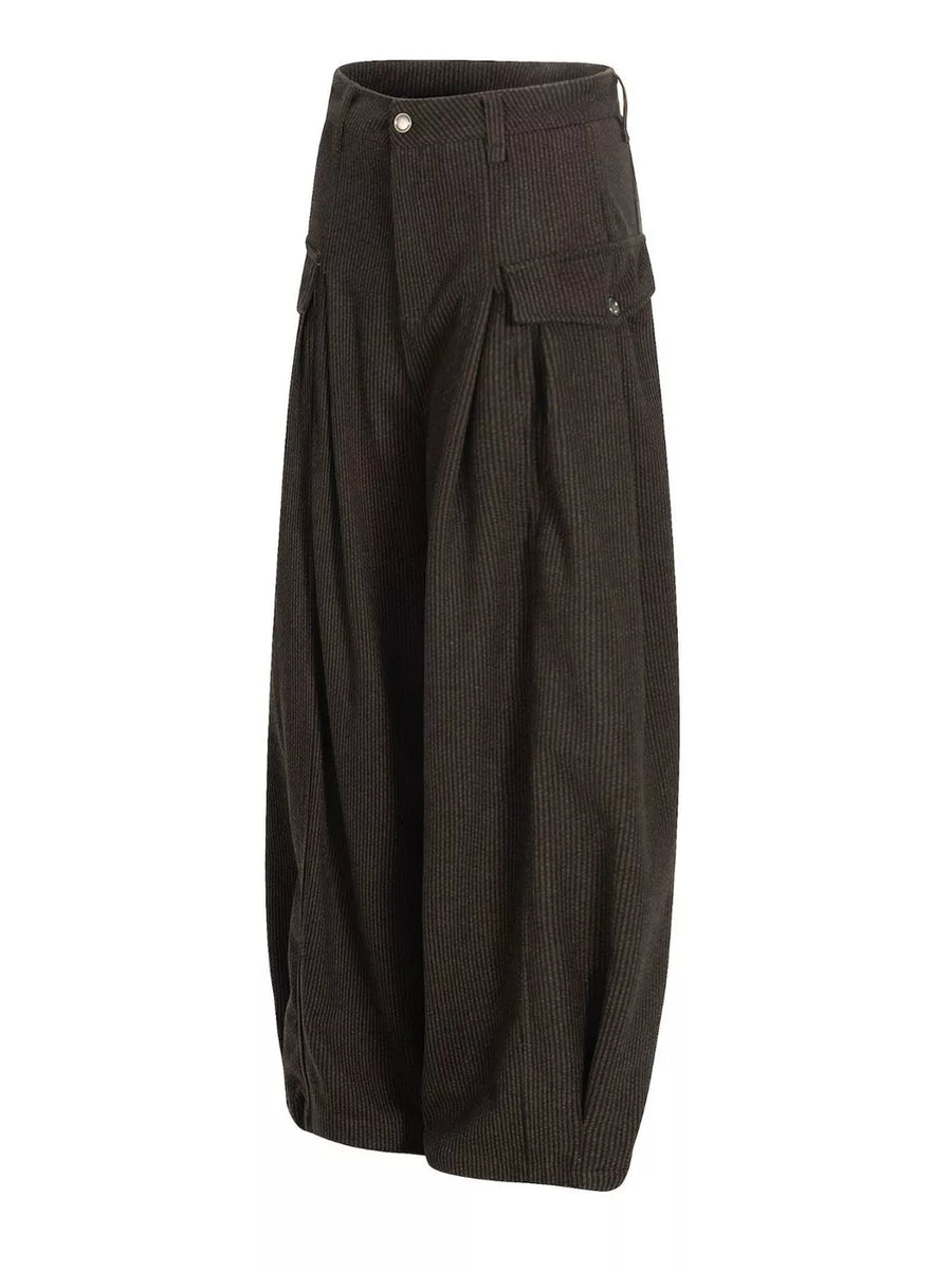 Brown corduroy wide-leg pleated sweatpants with cargo pockets.