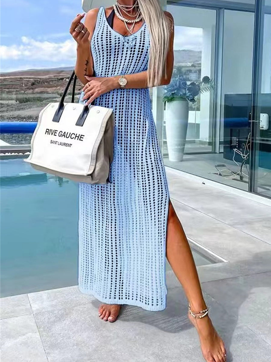 Light blue open-knit maxi cover-up with V-neck and high slit.