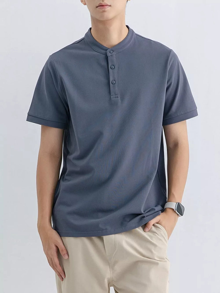 Men's short sleeve t-shirt in Blue Gray, cotton blend, with band collar and button placket.