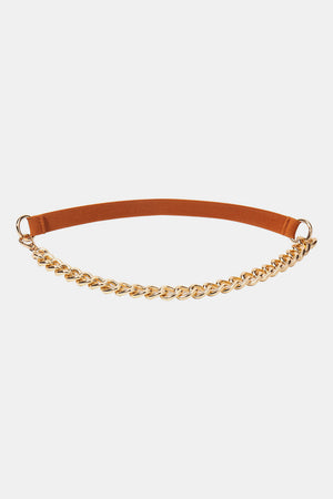 Brown elastic belt with gold chain detail and gold rings