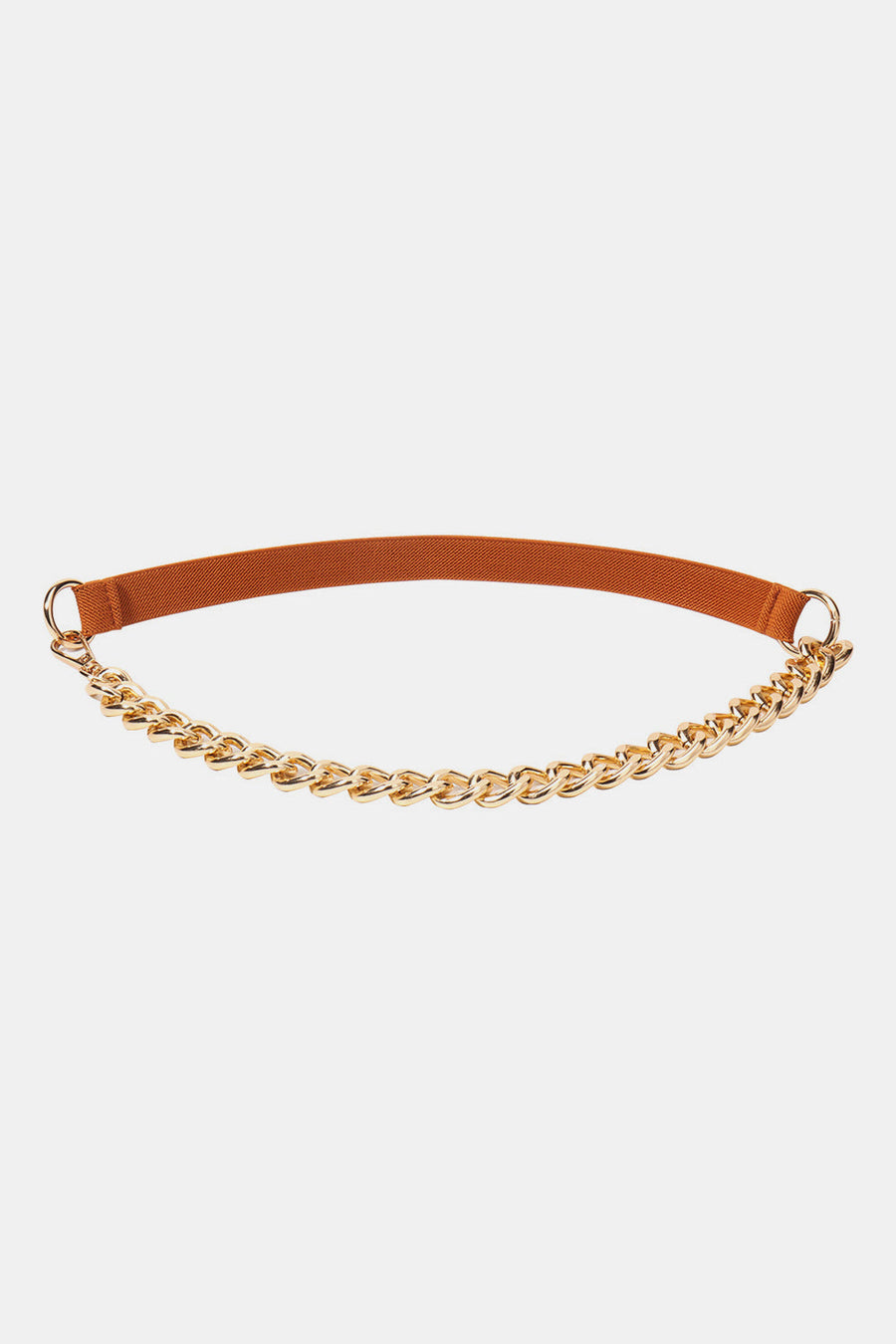 Brown elastic belt with gold chain detail and gold rings