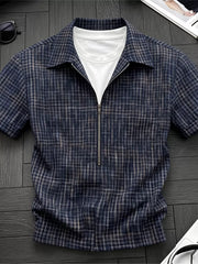 Navy Blue Men's Plus Size Plaid Zipper Short Sleeve Shirt