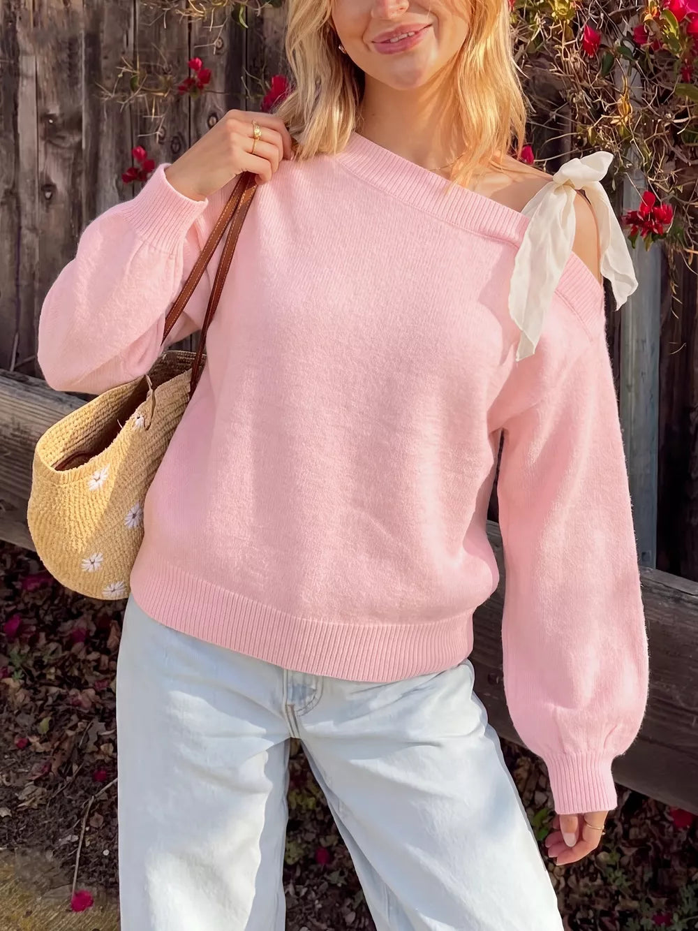 Pink One Shoulder Bow Detail Sweater