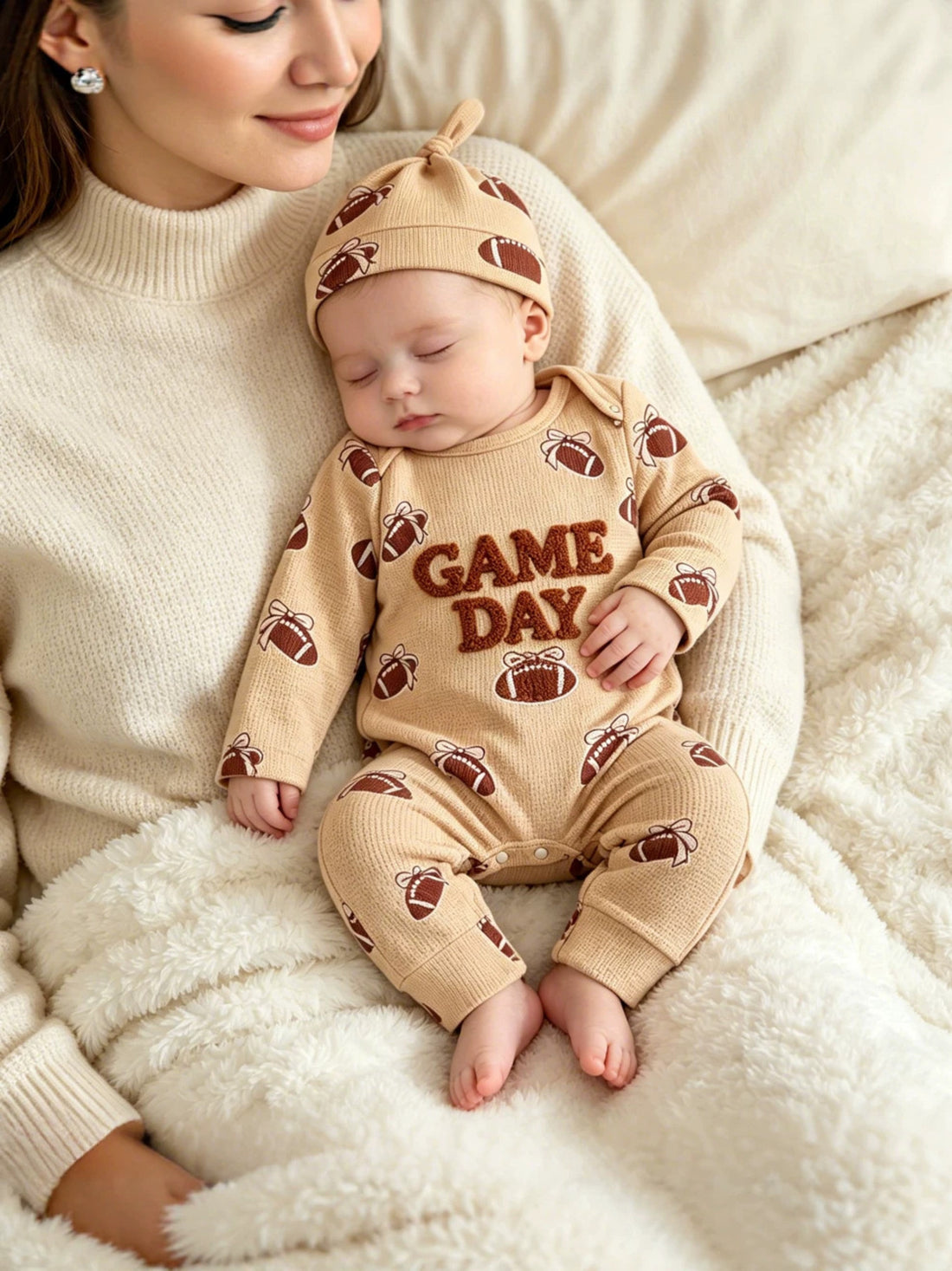 tan jumpsuit with novelty print and crew neck