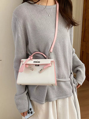 White Contrast Trimmed Top-handle Crossbody Bag