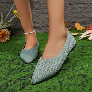 Women's sage green knit pointed toe flats with V-shaped vamp