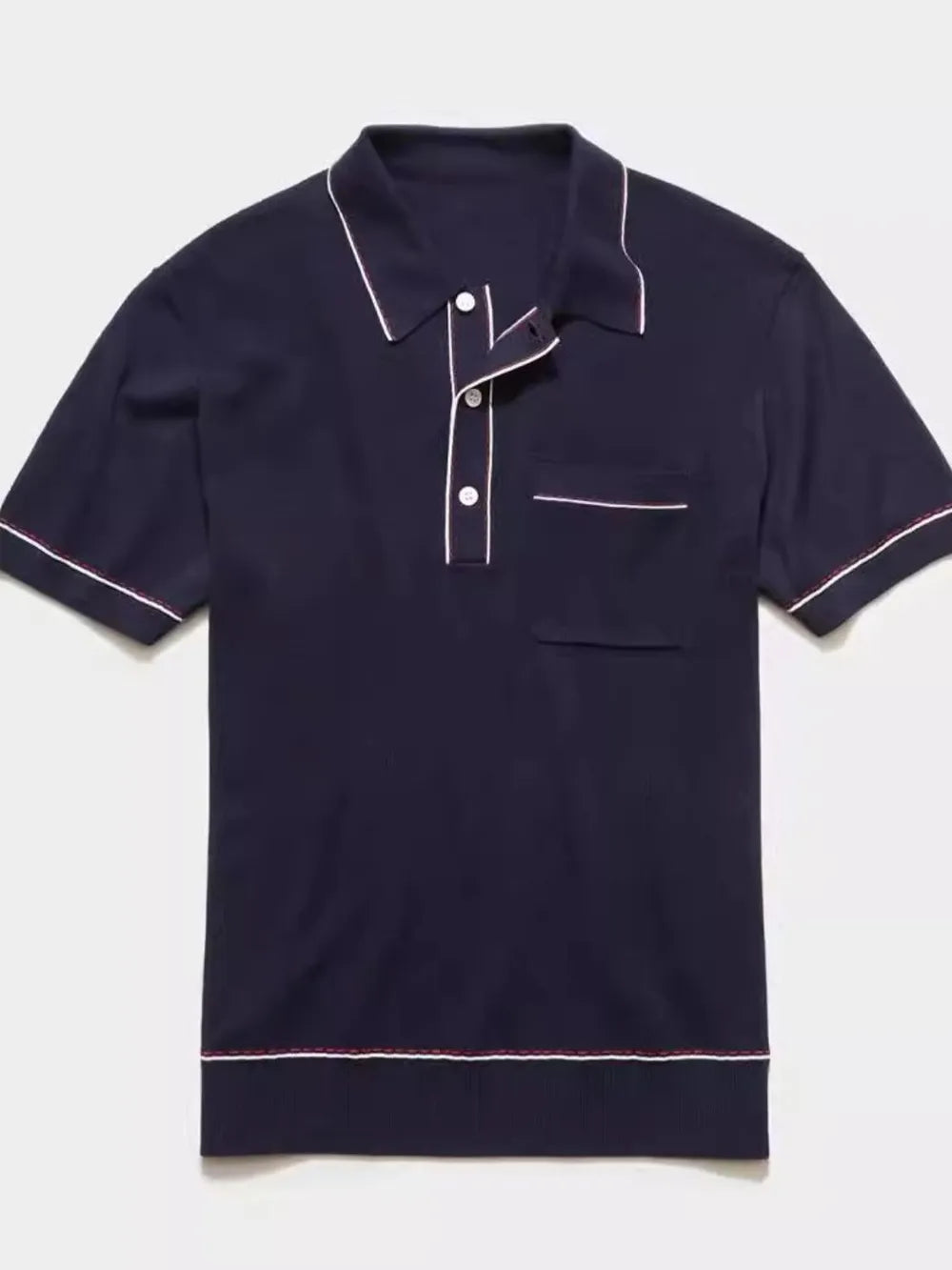 Navy ribbed knit polo shirt with contrast trim and chest pocket