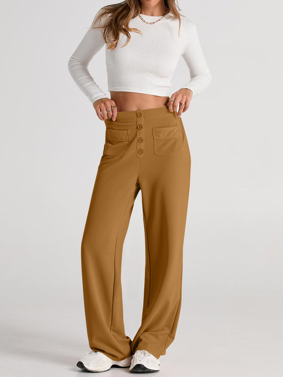 Button-front palazzo trousers in caramel with four-button closure and flap pockets.