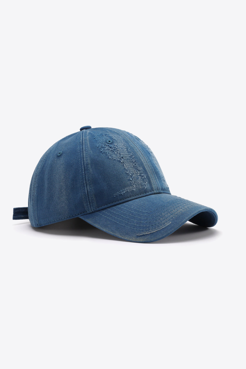 Distressed blue denim baseball cap with adjustable strap