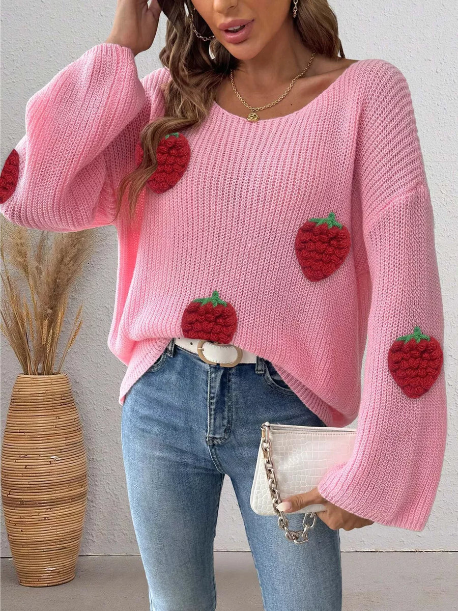 pullover sweater in Pink with applique and hip-length