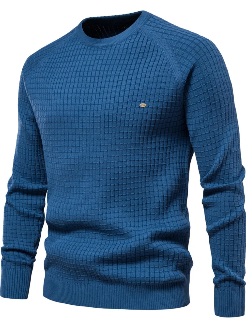 Textured grid crewneck sweater in peacock blue with raglan sleeves and a small oval logo detail.