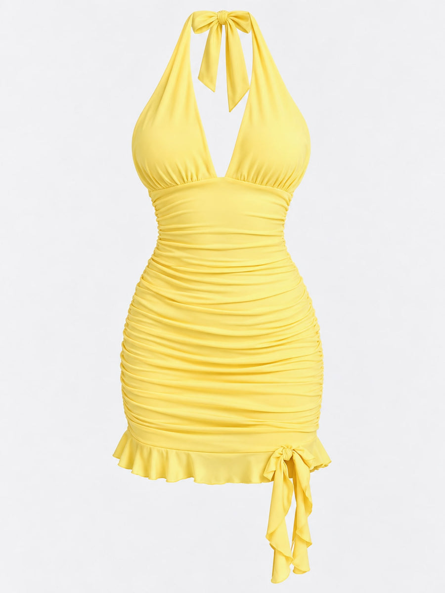 Mini Ruched Dress in Dragon Fruit with ruffled