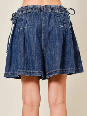Dark blue denim shorts with ruched waist and tie details
