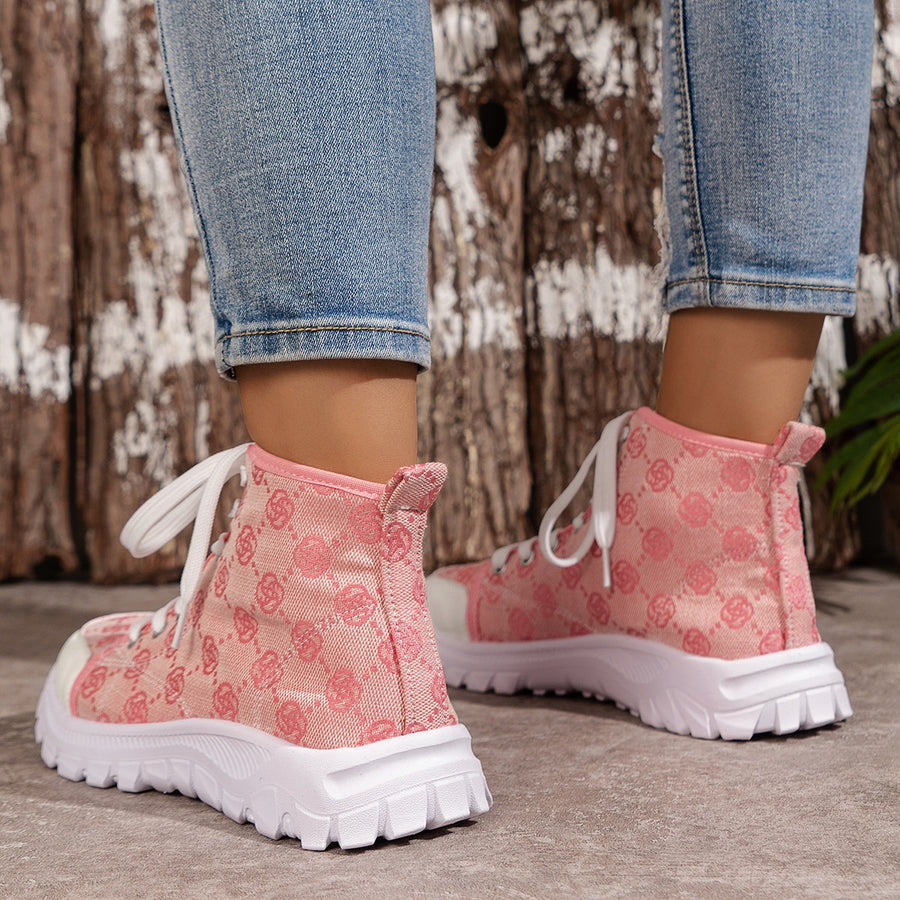 Pink canvas lace-up high-top sneakers with allover logo pattern and chunky white sole.