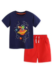 Navy cotton toddler tee with space print and red shorts.