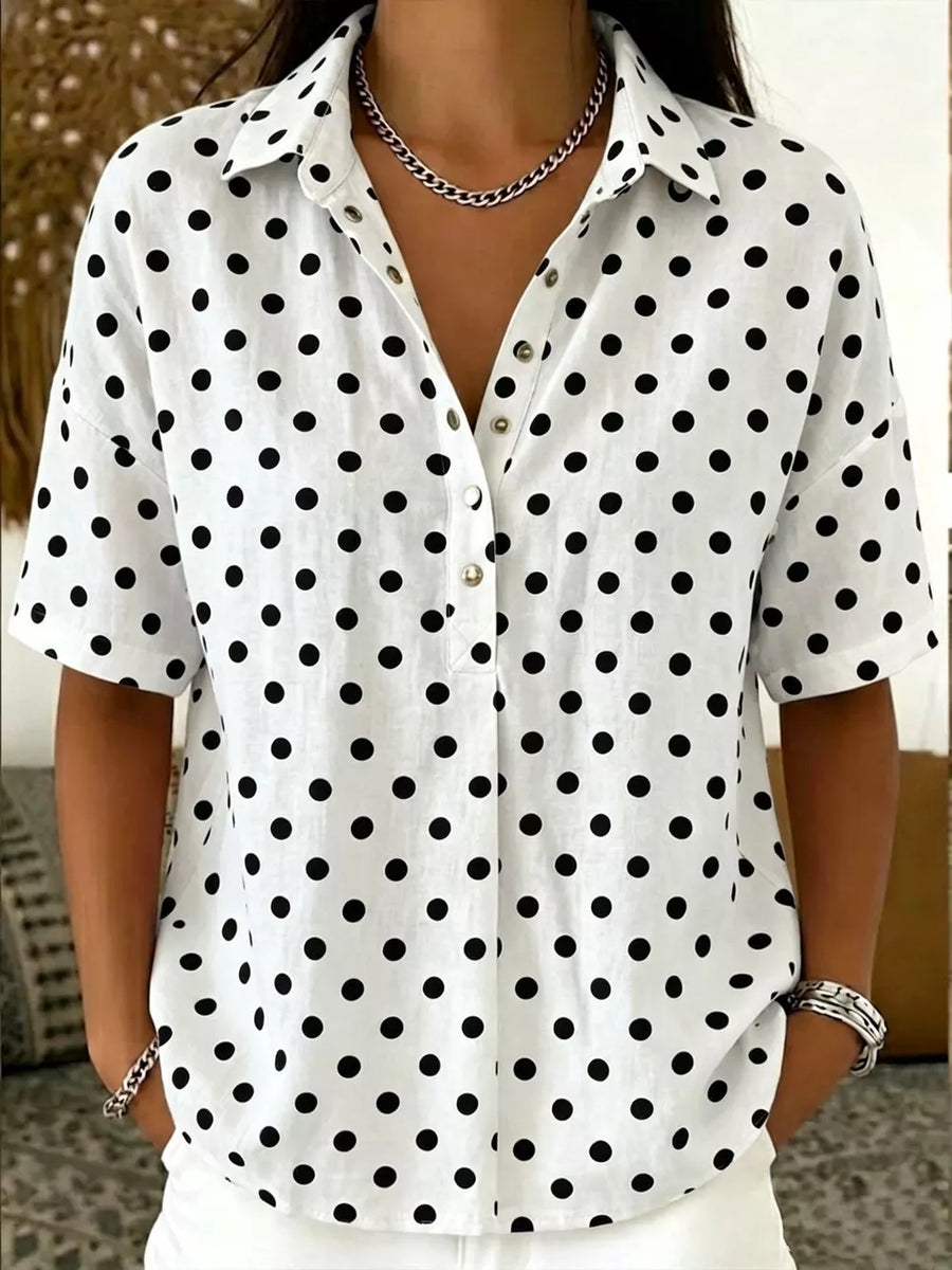 Light Blue Full Size Polka Dot Short Sleeve Shirt Plus Size