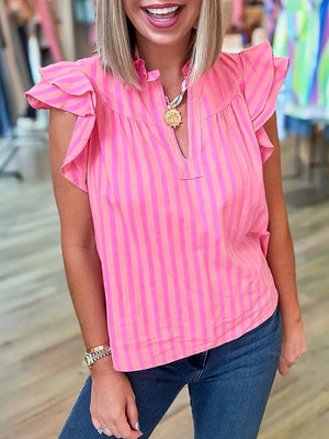 Vibrant pink striped blouse with ruffled cap sleeves and a V-neck.