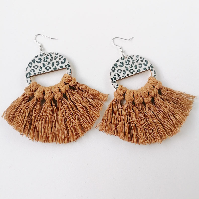 Leopard print tassel earrings with tan fringe and wood detail