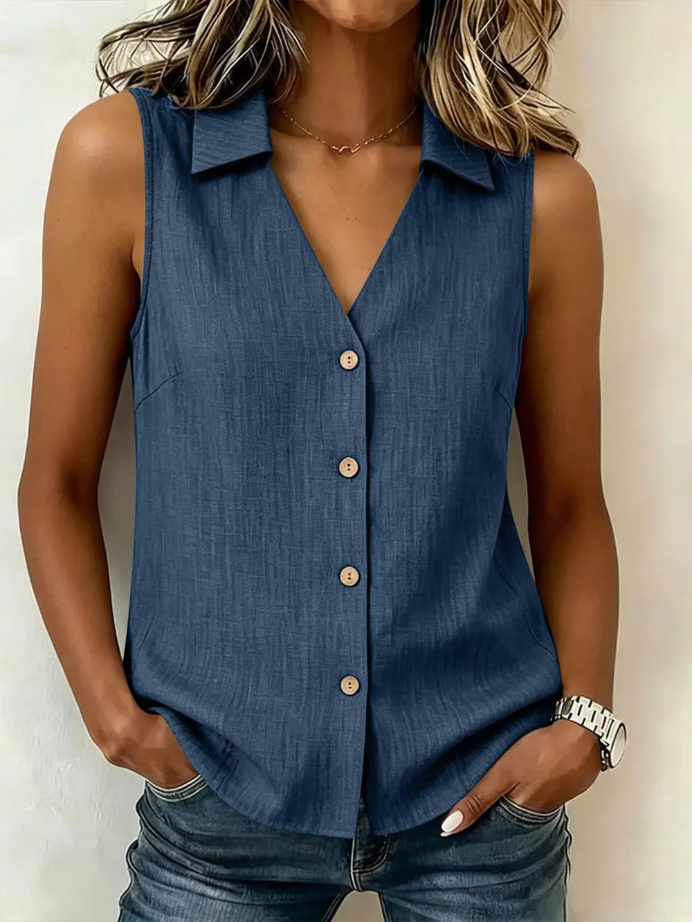 Navy Full Size Button-up Sleeveless Collared Top