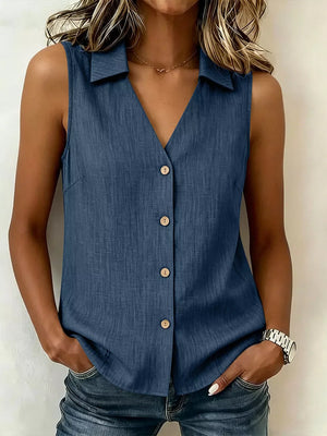 Navy Full Size Button-up Sleeveless Collared Top