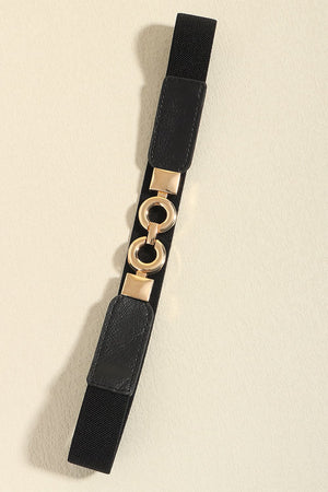 Black elastic belt with gold interlocking rings and square buckle detail