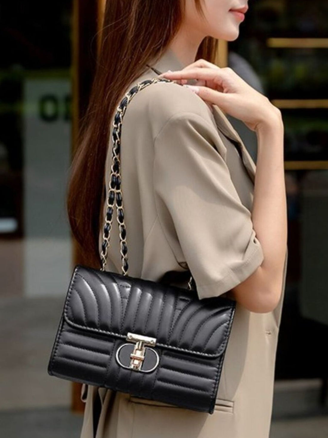black PU Leather Imported Size &amp crossbody bag with quilted and turn-lock